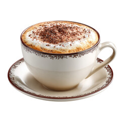 Frothy cappuccino with chocolate sprinkles in a decorative cup on a matching saucer, isolated on a black background