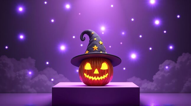 A festive jack-o'-lantern with a carved smile wears a starry witch hat, glowing under magical purple lights. Spooky season fun!