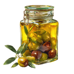 Jar with olives, green branch, and liquid inside. Watercolor style, with soft, diffused lighting