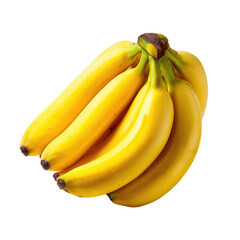 Bright yellow bananas clustered together with green stems, set against a dark, contrasting backdrop