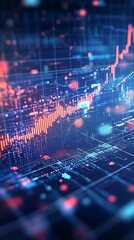 Abstract digital data visualization of a rising stock market graph with glowing blue and orange lights on a dark background representing financial growth and technology