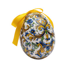 Ornate Easter egg, white base with blue floral and yellow scroll designs, tied with a yellow ribbon, set against black
