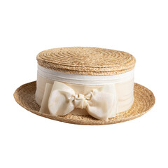 Straw hat with a cream ribbon and bow, isolated on a black background, studio lighting, clean lines