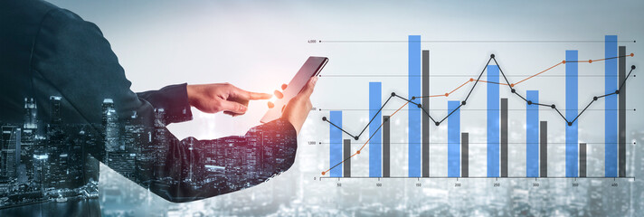 A business professional engages with a smartphone to analyze data trends, featuring a stunning city skyline and vibrant graphs that illustrate market performance metrics. Scalp