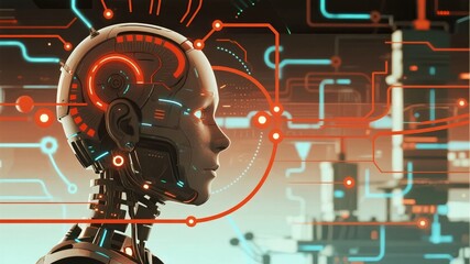 Cybernetic human head with glowing circuitry and digital network background