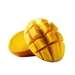 Juicy mango, one half cut into cube-like chunks, the other a smooth half, against a stark, dark background