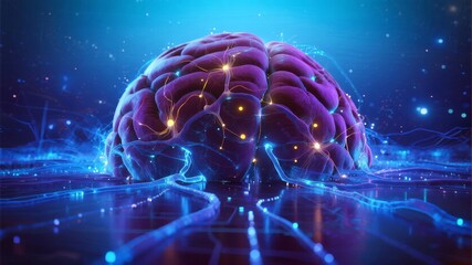 Digital representation of a human brain with glowing neural connections in a futuristic, cybernetic environment.