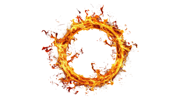 Fiery ring. Hot orange flame circle isolated on black radiates light and energy with flickering sparks
