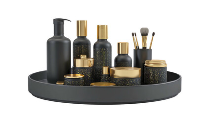 Black and gold cosmetic bottles and brushes arranged on a round matte tray against a stark black background