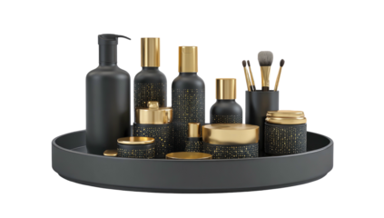 Black and gold cosmetic bottles and brushes arranged on a round matte tray against a stark black background