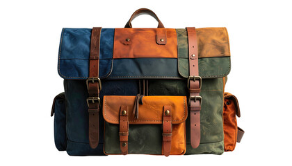 A patchwork backpack with blue, orange, and green panels, secured by leather straps and brass buckles
