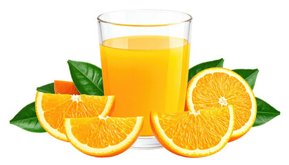 Glass of orange juice surrounded by orange slices and leaves against a black background, vivid and refreshing