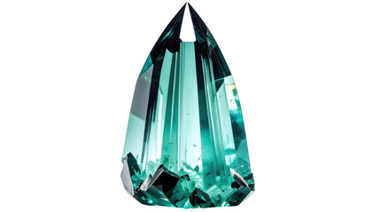 Faceted teardrop-shaped aqua gemstone gleams against a dark backdrop, reflecting light and revealing sharp edges