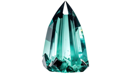 Faceted teardrop-shaped aqua gemstone gleams against a dark backdrop, reflecting light and revealing sharp edges