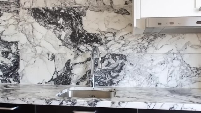 Elegant kitchen backsplash featuring a striking pattern of white and dark grey marble.