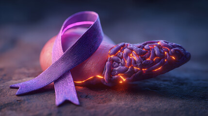 Purple awareness ribbon with human pancreas model glowing symbolizing support, awareness, and research for World Pancreatic Cancer Day and healthcare progress