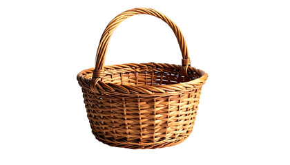 Empty, light-brown wicker basket with a curved handle, displayed against a pure black background, lit with strong light