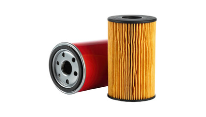 Two oil filters, one red laying down, one tall yellow, on black background, product photography