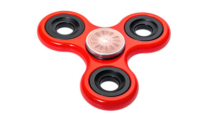 A red fidget spinner toy with three black circles and a transparent center on a black background