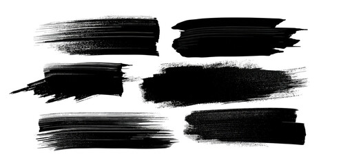 Six abstract black paint brush strokes with varying widths and textures over black, isolated for graphics or backgrounds