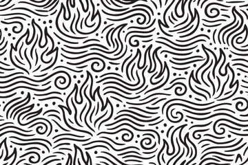Black outline pattern of hand-drawn flames and swirling lines creating a seamless abstract background.