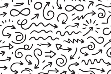 Black hand-drawn doodles of various arrows and squiggly lines on a white background, depicting a dynamic and playful pattern.