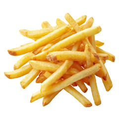Golden pile of crispy, long, thin french fries, ready to be devoured. Isolated on a black background