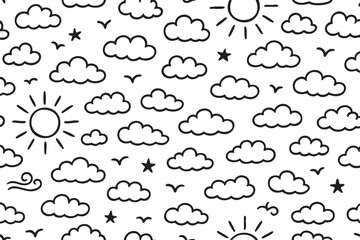 Seamless pattern featuring black outline drawings of clouds, suns, stars, and birds on a white background, conveying a playful and whimsical atmosphere.
