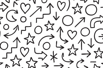 Black outline doodle pattern with stars, hearts, arrows, circles, and squiggly lines on a white background.