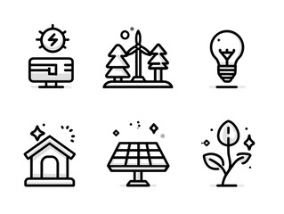 Minimalist Eco Energy Vector Icon Set Featuring Solar Panel Wind Turbine Tree and House Design in Modern Line Style