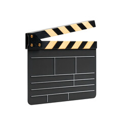 A 3D render of a film clapperboard is presented against a black background, featuring black and yellow stripes