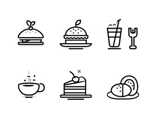 Vector Food and Beverage Icon Set in Minimalist Line Style Featuring Burgers Cake Drinks and Cookies
