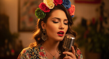 young woman singing with microphone
