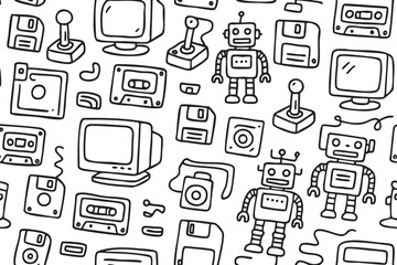 Black and white hand-drawn illustrations of retro technology icons, including robots, monitors, floppy disks, and joysticks in a seamless pattern.