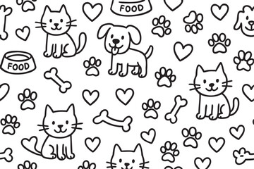 Fototapeta premium Black outline pattern featuring a cute dog and multiple cats with hearts, paw prints, bones, and food bowls on a white background.