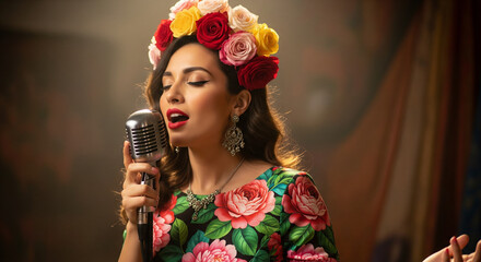 Smiling woman with red dress and flowers in spring fashion style
