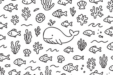 Fototapeta premium Black outline vector pattern featuring various marine life, including a whale, fish, seashells, and coral. ideal for aquatic, ocean, and marine-themed designs.