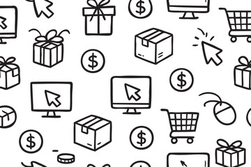 Hand-drawn black outline pattern featuring shopping carts, gift boxes, computer monitors, and currency symbols on a white background.