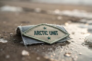 Arctic Unit badge patch on folded cloth resting on wet ground
