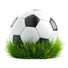 Soccer ball on green grass. Round white ball with black pattern. Dark background. Upward view
