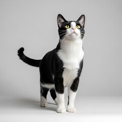 Fototapeta premium Elegant Tuxedo Cat Gazing Upward with Focused Yellow Eyes.