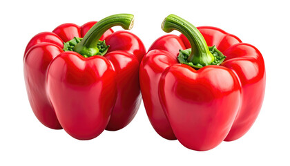 Two glossy red bell peppers, clustered together, showing vibrant green stems. On a black background