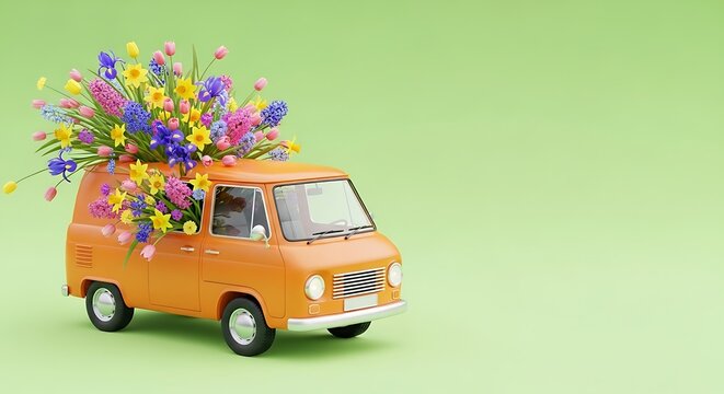 Vintage Van Overflowing with Spring Flowers - A Whimsical Delivery.