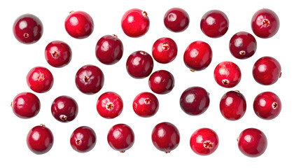 Array of cranberries spread on a black backdrop. Close-up shows their red, glossy, circular shapes