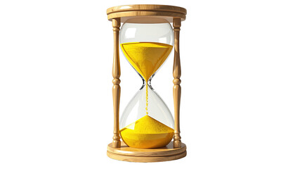 Sand flows smoothly in a bright, wooden hourglass on a black background, symbolizing the passage of time