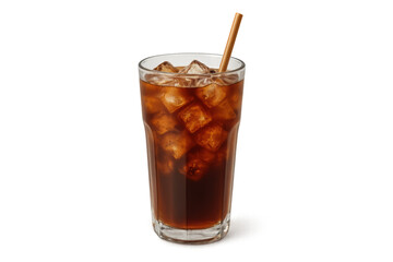 Cold cola drink with ice and straw, transparent background