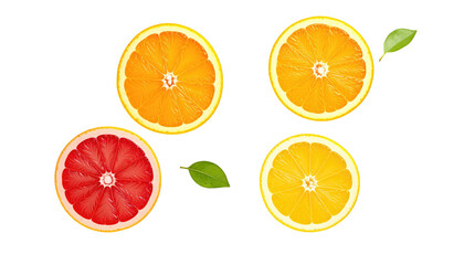 Four citrus halves, orange, yellow, pink, on a black background. Each has a small green leaf accenting the fruit