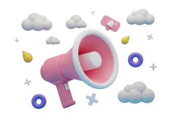 3d pink megaphone surrounded by clouds and fun elements isolated on transparent background