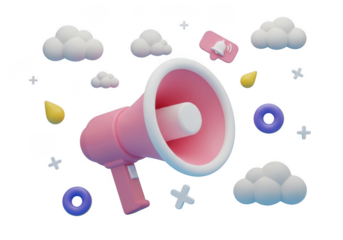 3d pink megaphone surrounded by clouds and fun elements isolated on transparent background