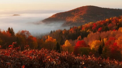 Autumn landscape with colorful foliage and misty mountains at sunrise